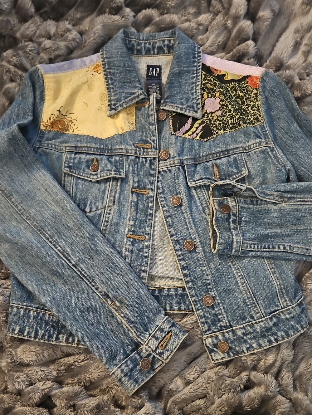 GAP Blue Denim Jacket with Multicolor Patchwork Yoke